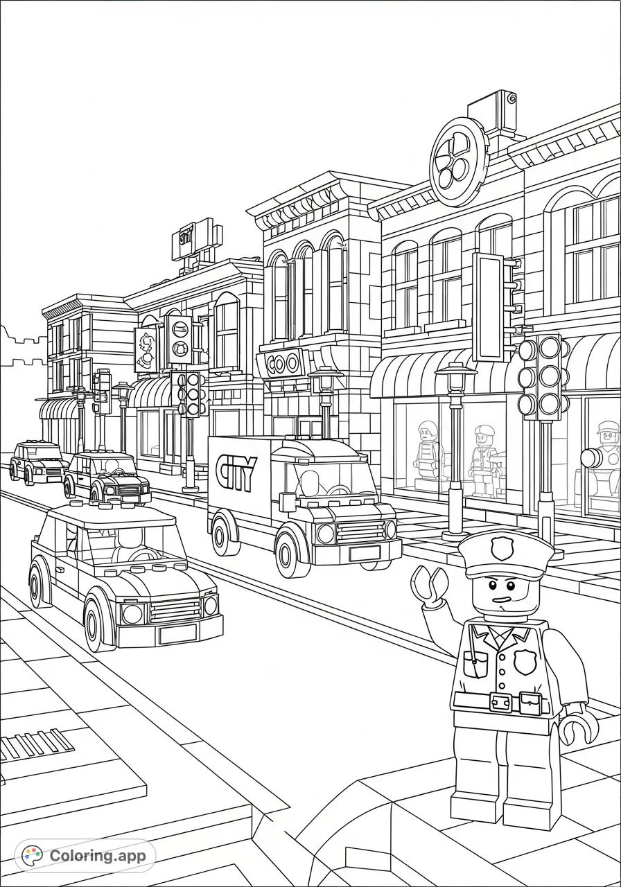 Explore a dynamic LEGO City street scene with cars, detailed shops, and a minifigure policeman directing traffic. A fun, free printable LEGO City Adventures coloring page.