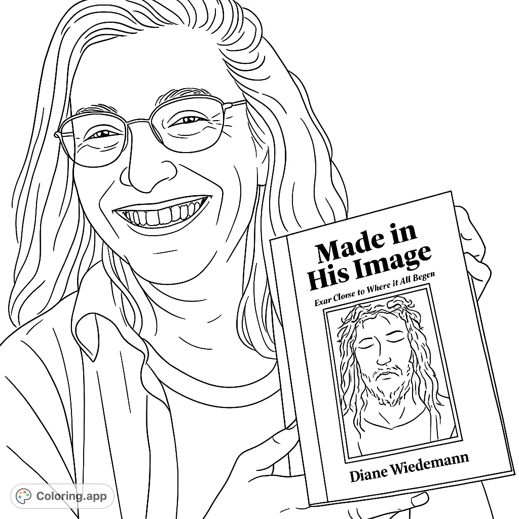 A joyful woman with flowing hair and glasses holds a book titled "Made in His Image," featuring an abstract face on its cover. Perfect for thoughtful coloring.