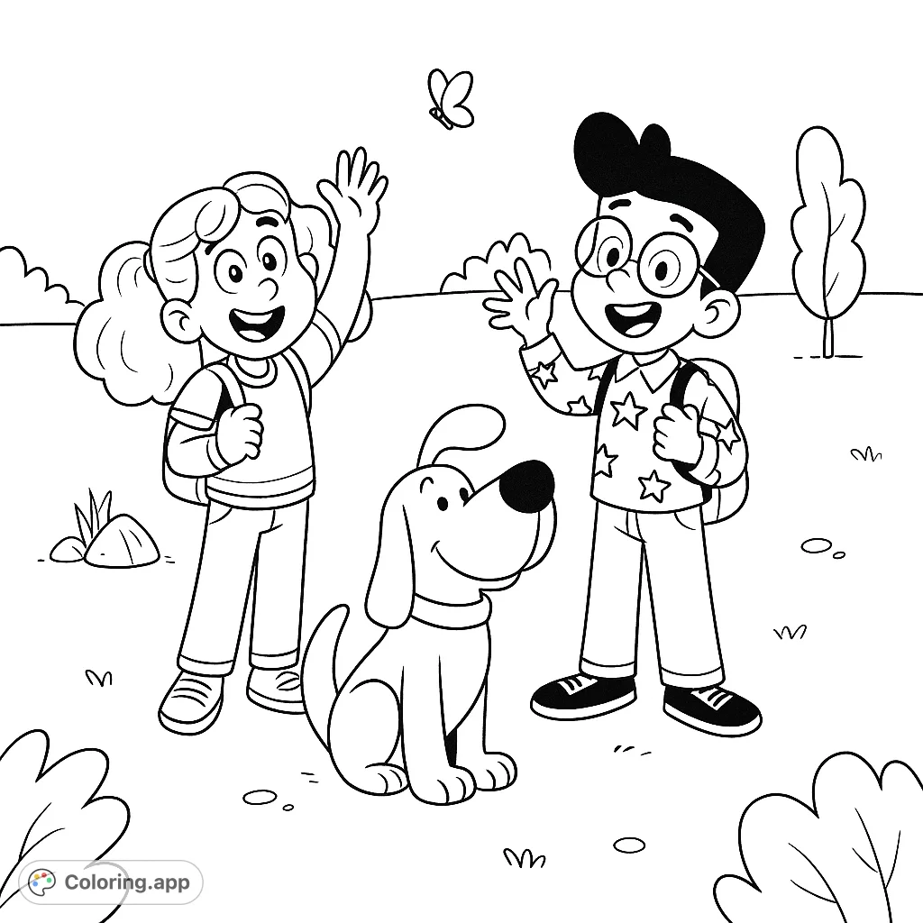 A cheerful scene featuring two children, their dog, and a butterfly in a grassy field. Perfect for young colorists to bring to life with imagination.