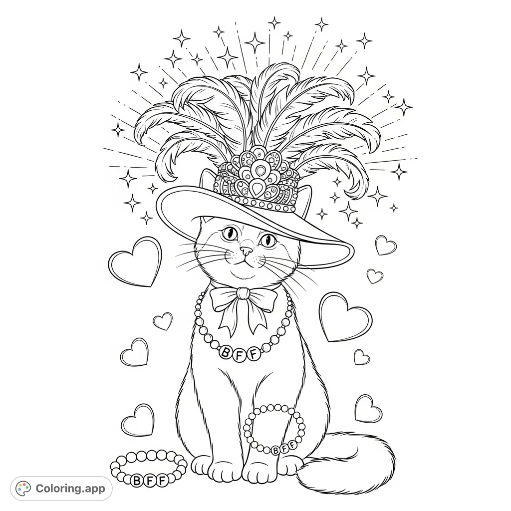 A delightful cat in a showgirl hat, surrounded by hearts, sparkles, and "BFF" friendship bracelets. A purr-fectly charming coloring page for all ages!