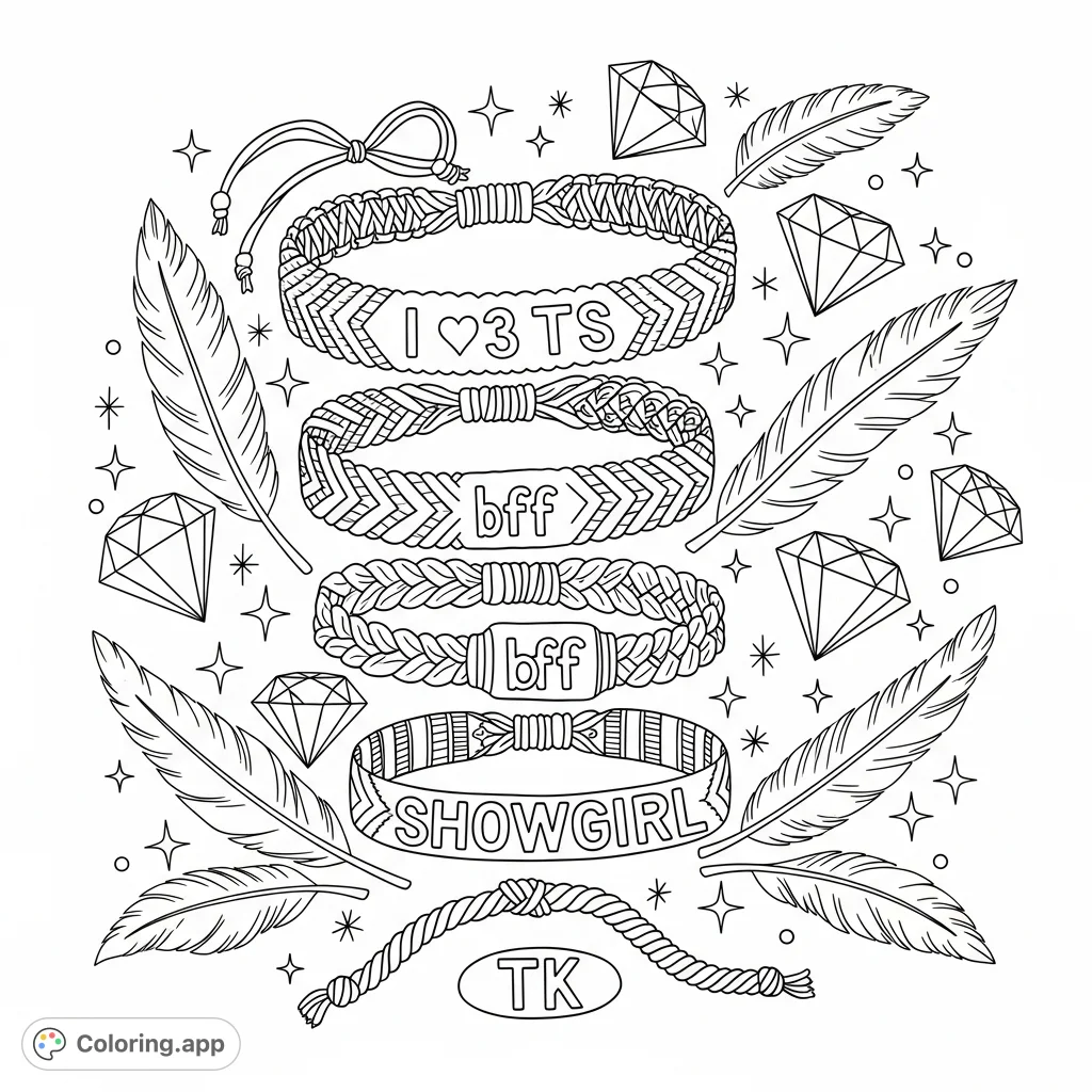 A dazzling friendship bracelet coloring page featuring personalized text, intricate patterns, and glamorous showgirl elements like feathers, diamonds, and sparkles.
