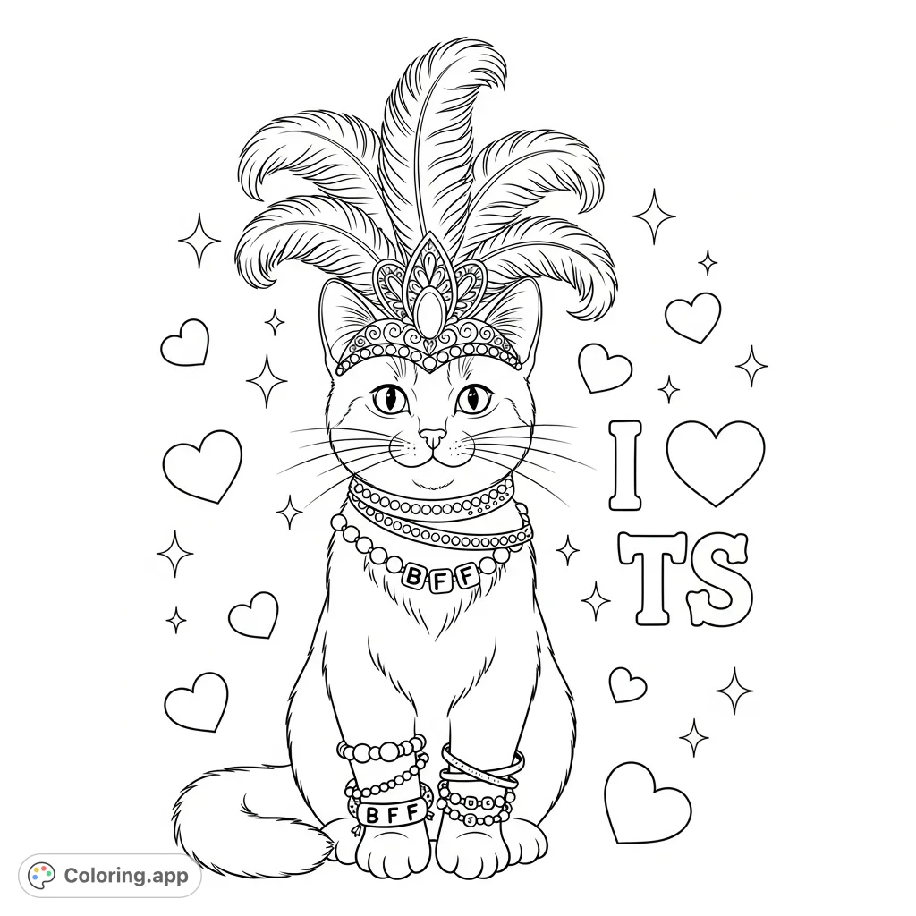 A charming cat with a showgirl headpiece and "BFF" bracelets, surrounded by hearts and sparkles, proudly declares "I love TS". A fun, whimsical coloring page.