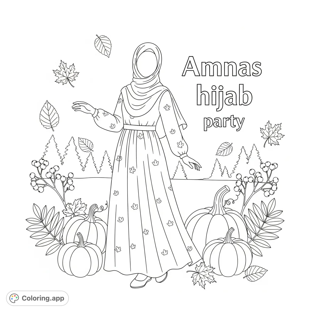 A faceless hijabi girl in a festive fall setting, surrounded by autumn leaves and pumpkins, with 'Amnas hijab party' text. Perfect for autumn celebrations.