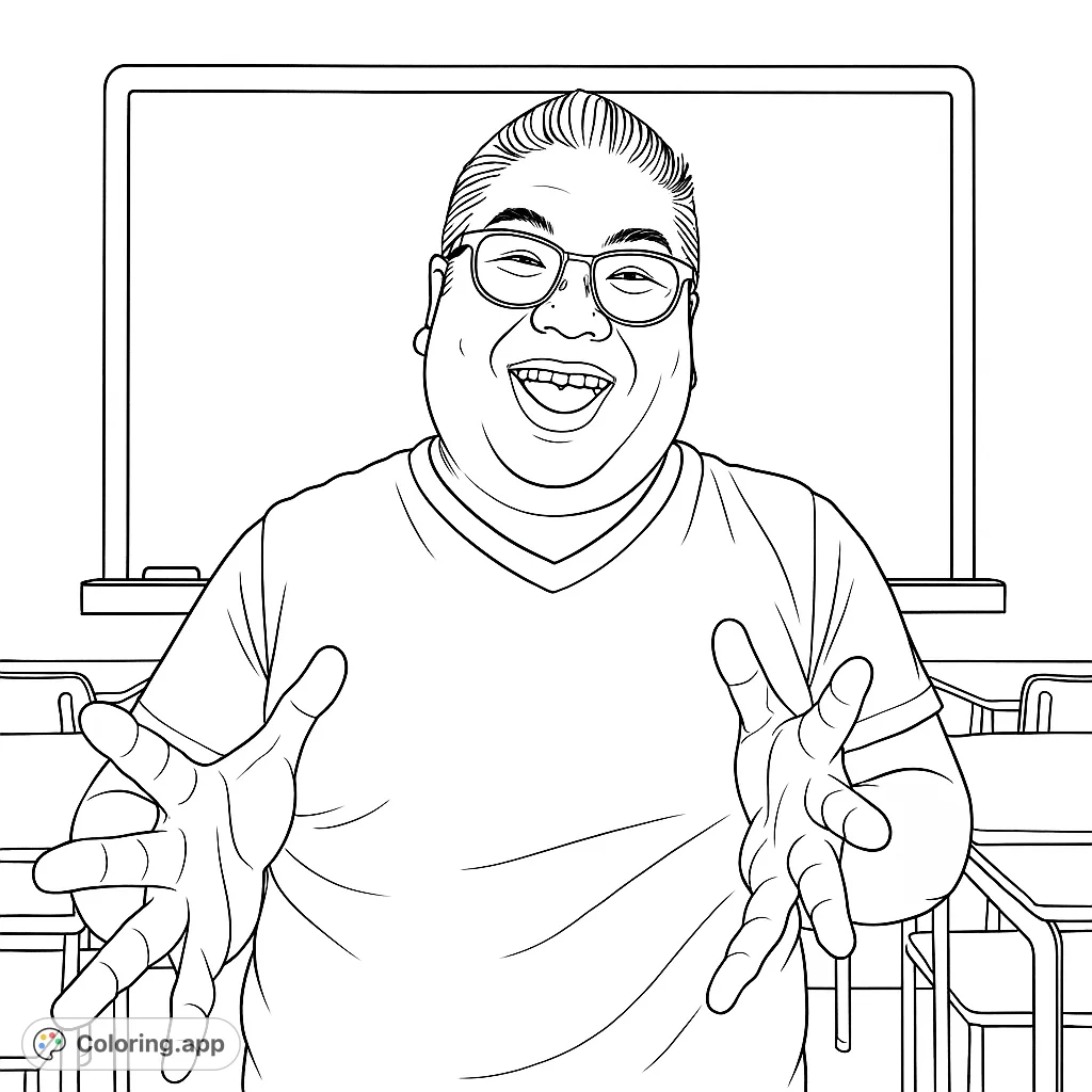 A cheerful person with outstretched hands welcomes you to a classroom, featuring a large chalkboard and empty desks. A fun, inviting scene for all ages.