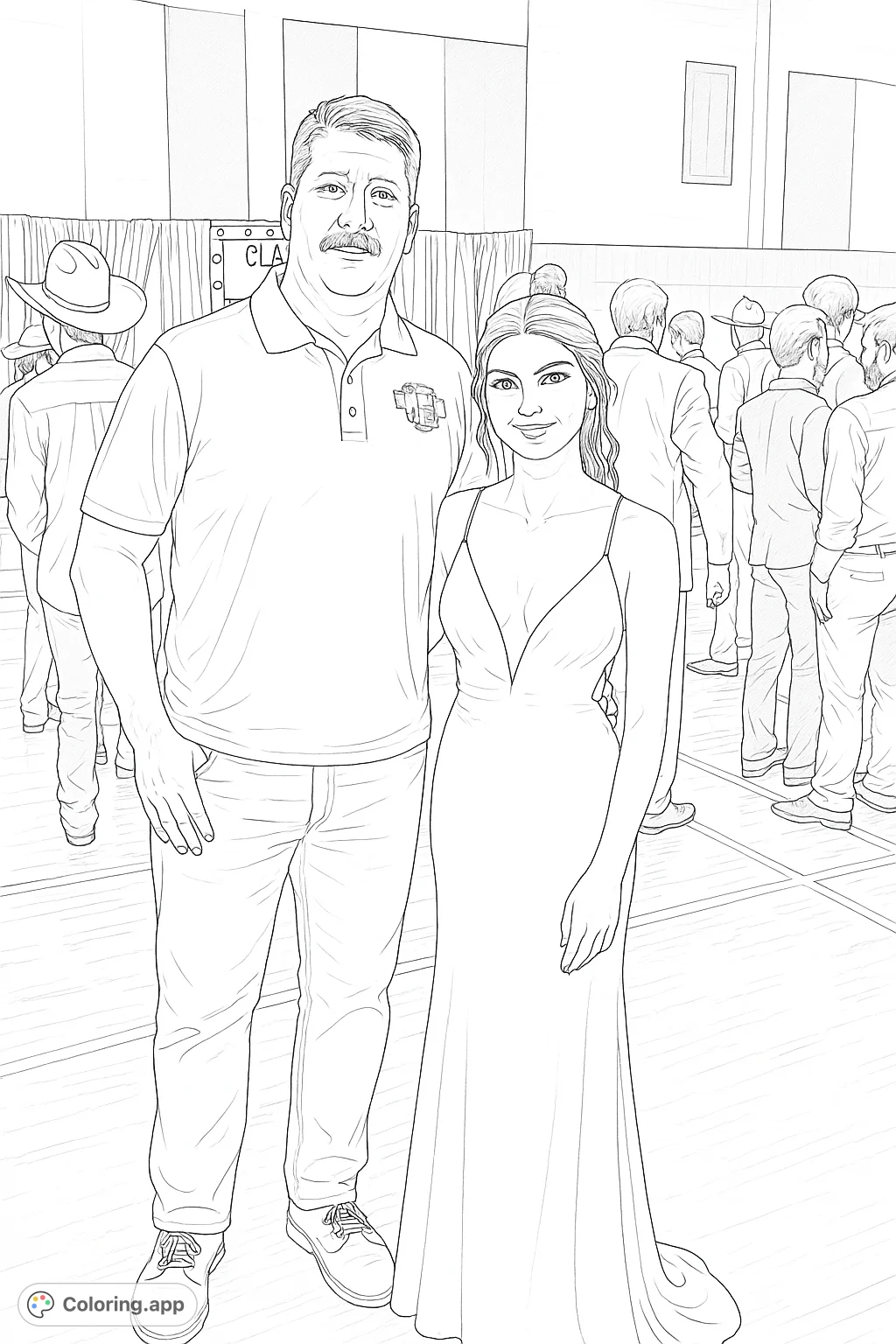 A man and a young woman in elegant attire at a formal event. Capture the celebratory atmosphere with intricate details on her gown and the festive background.