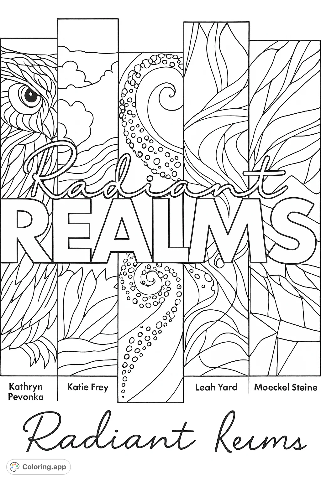 A captivating abstract realms coloring page featuring diverse art panels with stylized creatures, organic forms, and dynamic textures for creative expression.