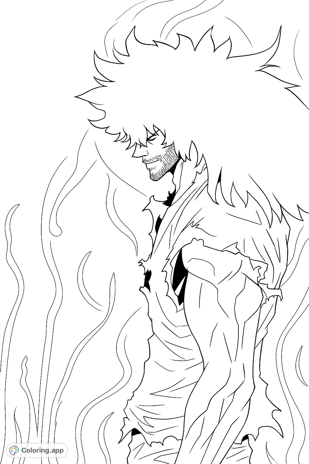 Color a powerful warrior with spiky hair, a rugged beard, and an intense gaze, surrounded by dynamic energy swirls. A captivating anime-style character.