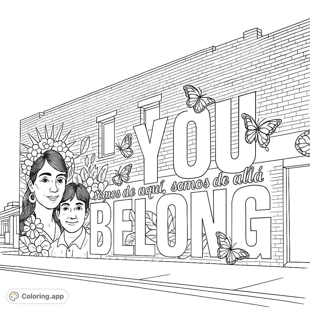 A vibrant community mural featuring two figures with floral crowns, bold "YOU BELONG" text, and numerous butterflies on a brick wall.