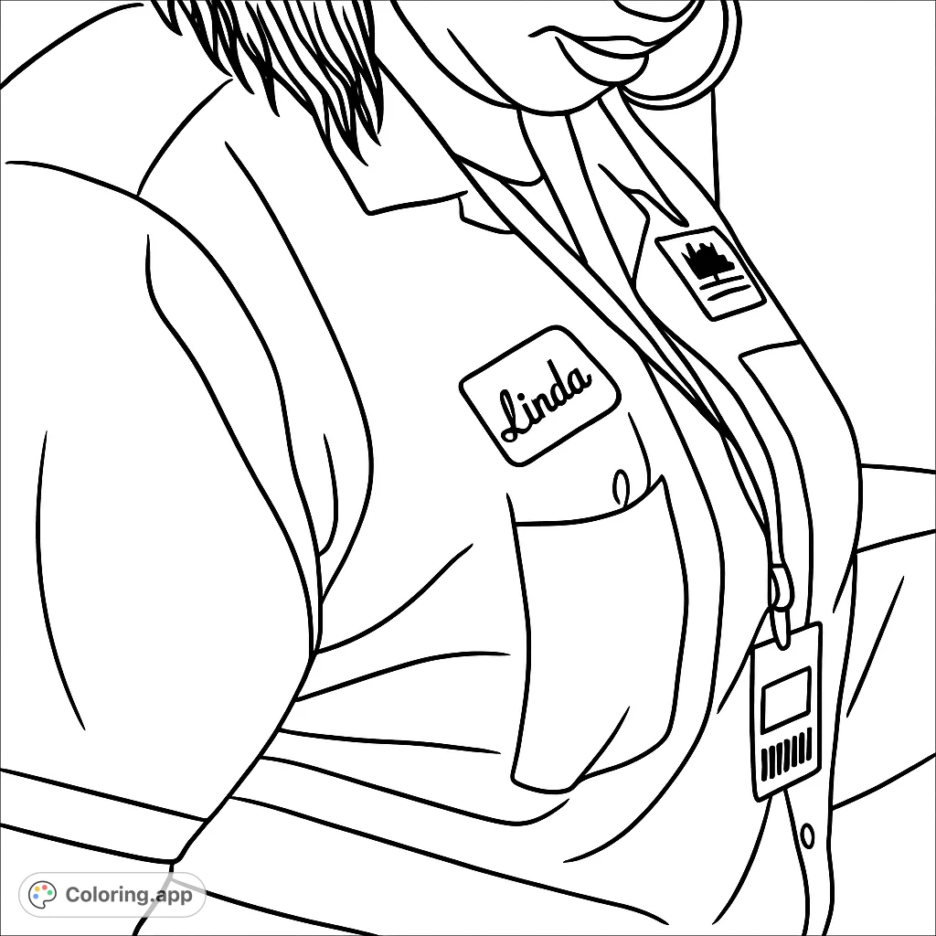 Color a detailed professional attire scene featuring a collared shirt, name tag, lanyard, and hoop earring. Perfect for personalizing a work-themed design.