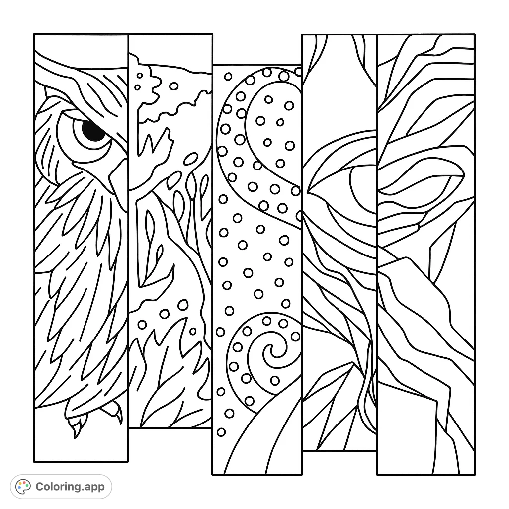 Explore a unique abstract art collage featuring five distinct panels, from a stylized owl to dynamic swirls and expressive forms. A creative coloring journey.