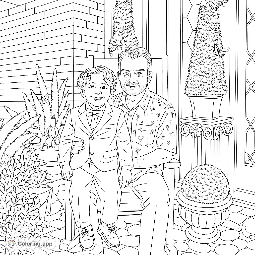 A heartwarming scene of a man and a young boy smiling together, surrounded by lush plants and decorative elements on a welcoming porch.