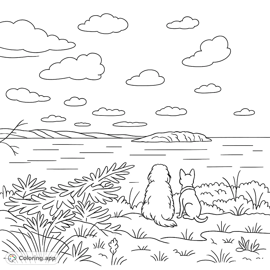 Two loyal canine companions gaze out at a vast ocean vista, with distant islands and a rugged coastline under a cloudy sky. A serene nature scene.