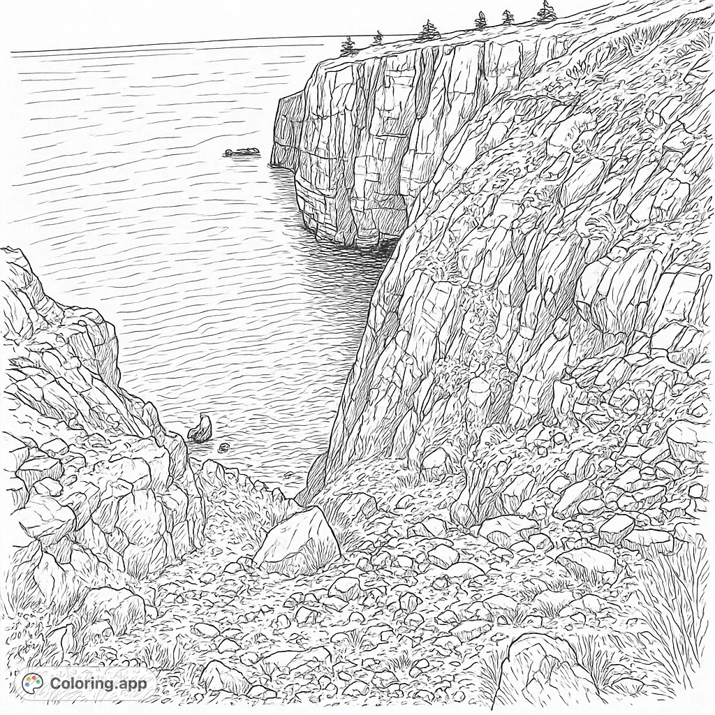 Explore a dramatic coastal scene with towering cliffs, a vast ocean, and intricate rock formations. A challenging and rewarding nature coloring page.