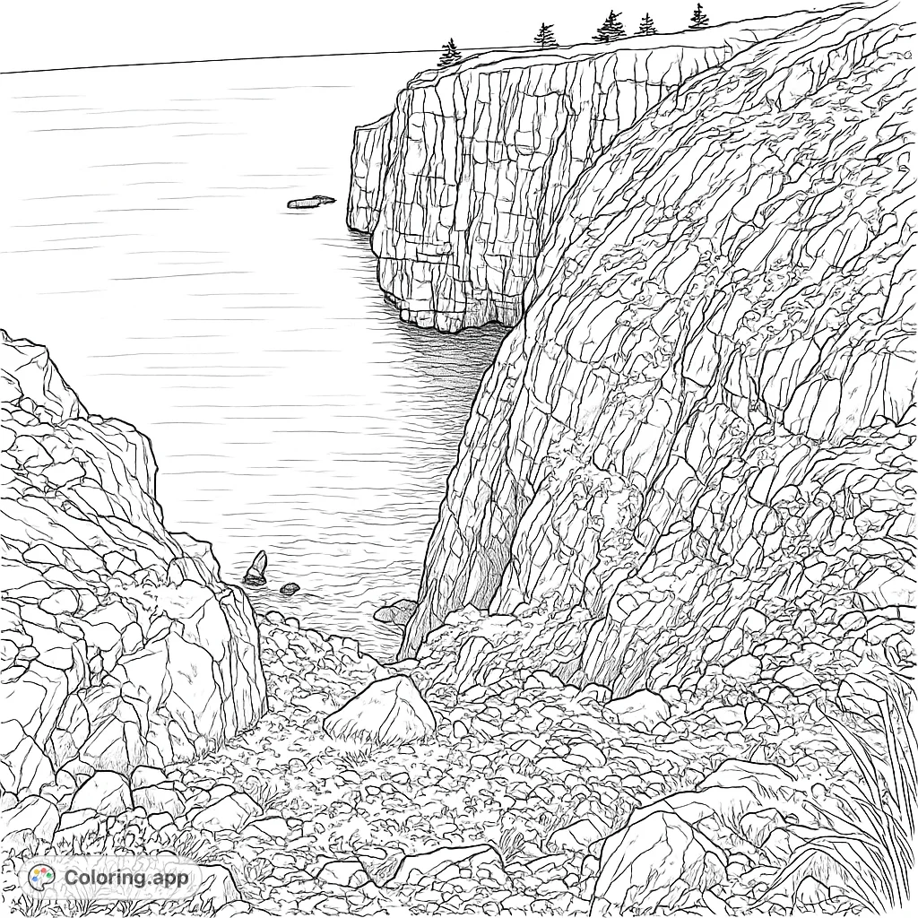 Explore a breathtaking coastal scene featuring towering cliffs, a vast ocean, and rugged terrain. Perfect for nature lovers seeking a detailed and realistic coloring experience.