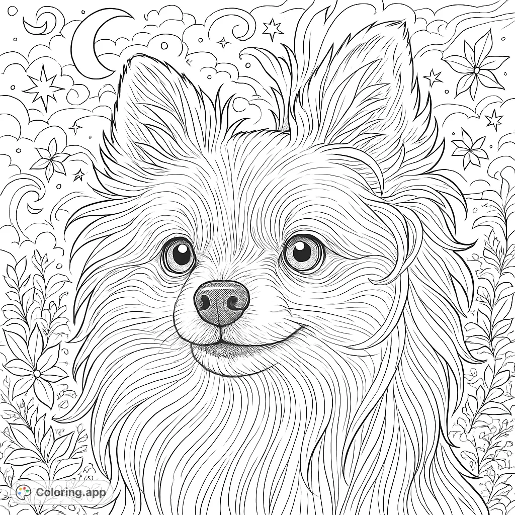 A highly detailed fluffy canine portrait, perfect for a realistic dog coloring page. Explore intricate fur textures and expressive eyes in a natural setting.