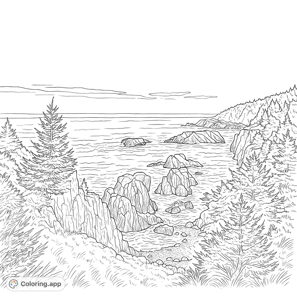 Immerse yourself in this highly detailed coastal landscape coloring page, featuring crashing waves, rugged cliffs, and dense evergreen trees. A challenging and rewarding nature scene.