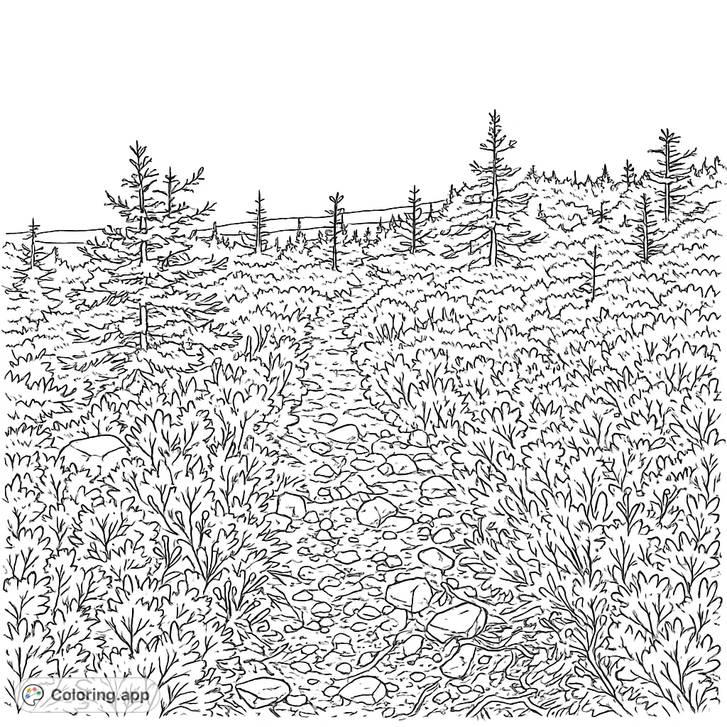 Explore a highly detailed hand-drawn sketch of a winding coastal trail, surrounded by intricate foliage and towering trees, leading to a serene distant ocean view.