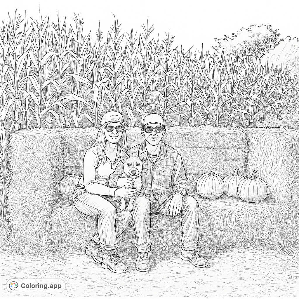 A delightful autumn scene with a couple, their dog, hay bales, and pumpkins, perfect for a realistic harvest-themed coloring adventure.