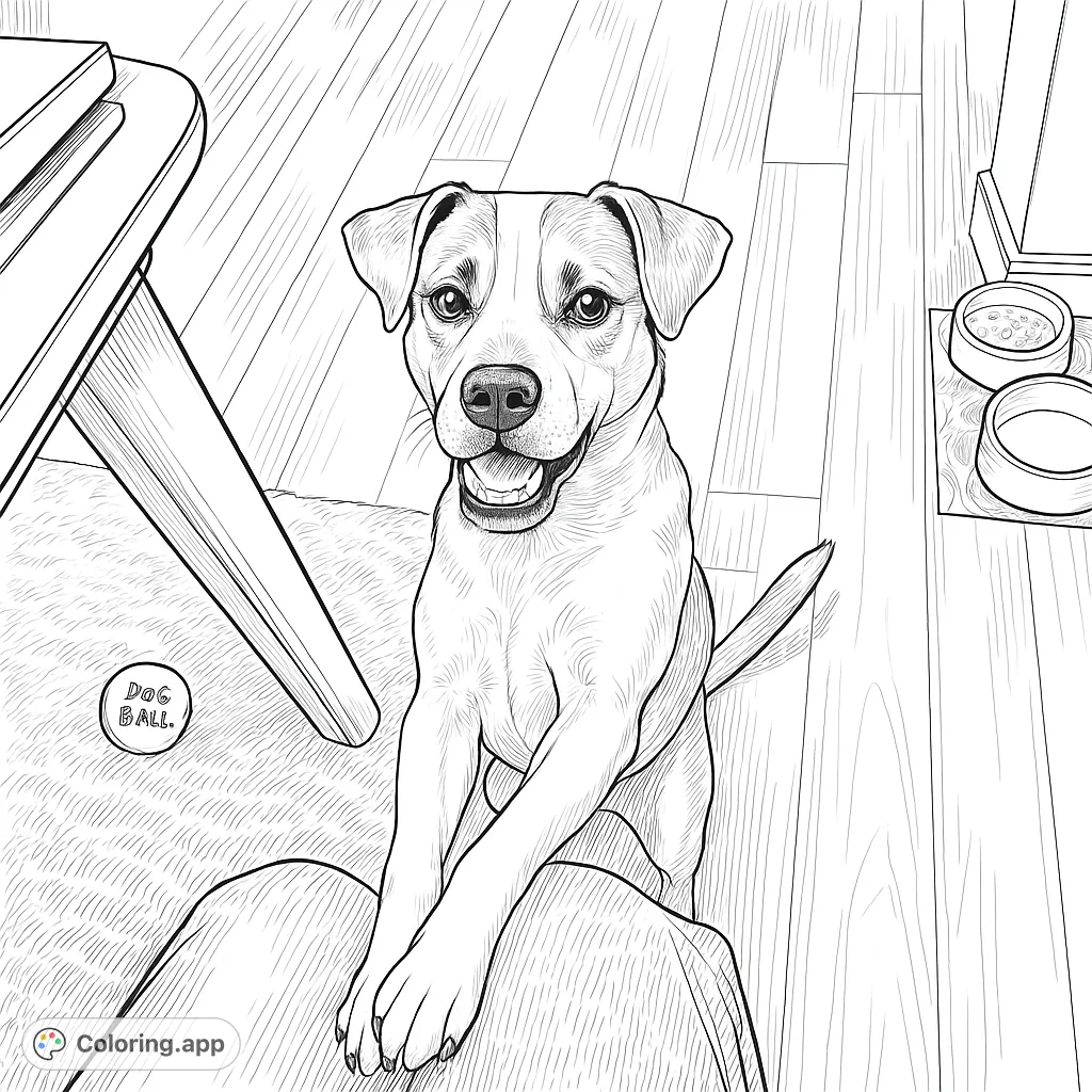 A delightful realistic dog coloring page featuring a happy pup sitting up, paws resting on a lap, with a toy nearby. Perfect for dog lovers!