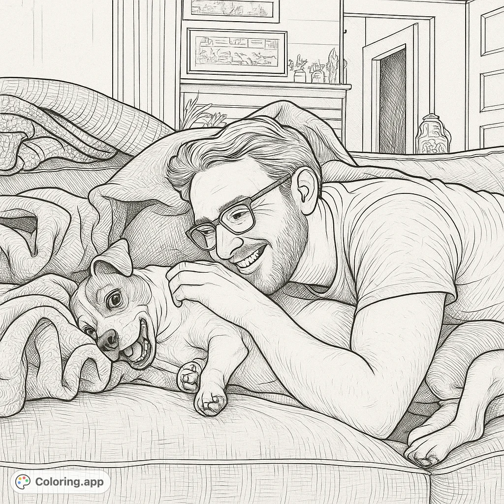 Capture the heartwarming bond of a man and his dog in this vintage-style coloring page, filled with intricate details for a rewarding coloring experience.