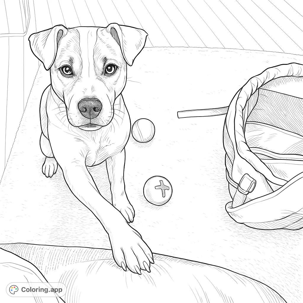 A highly detailed dog coloring page featuring a playful terrier mix with an extended paw, surrounded by toys and a cozy indoor setting.
