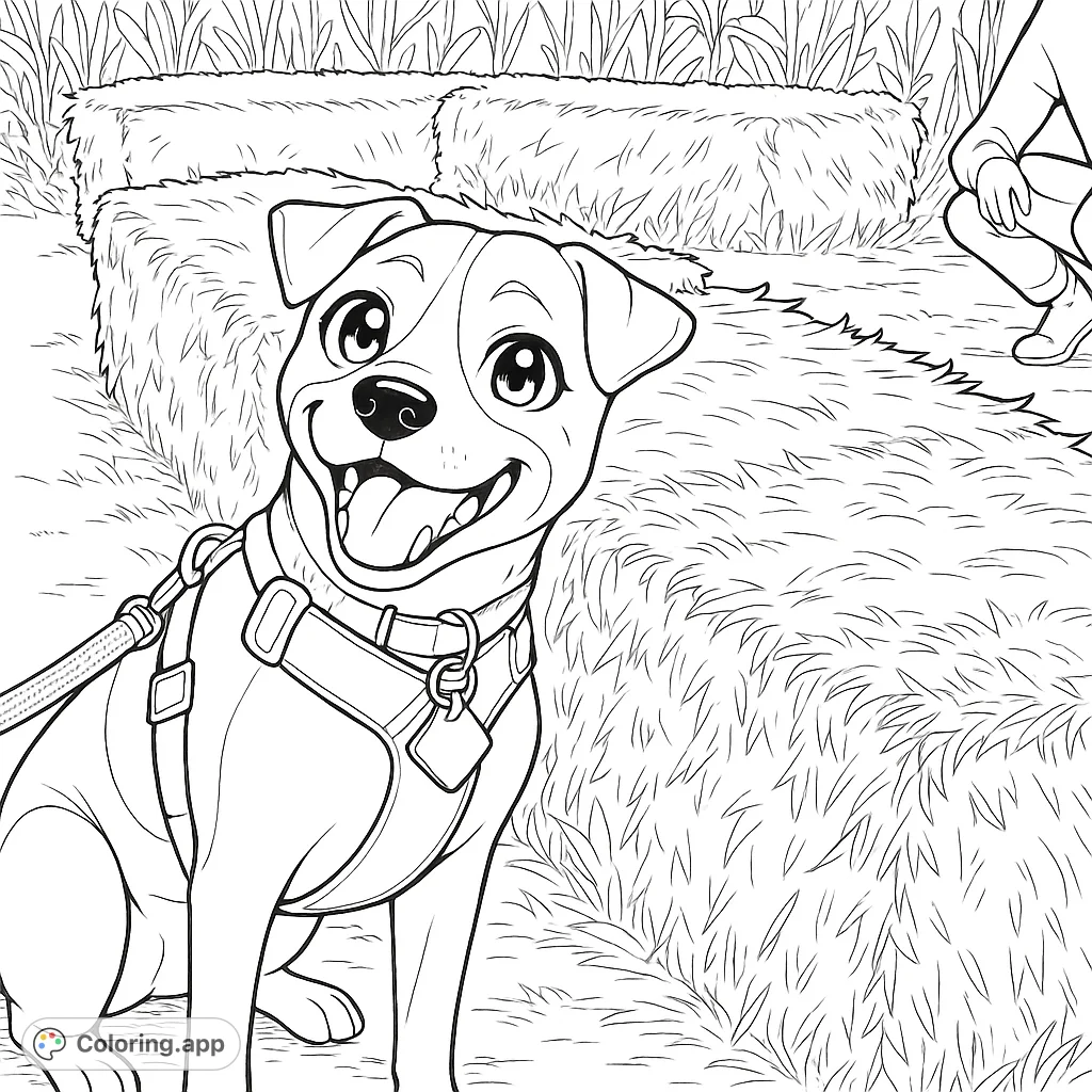 Capture the joyful spirit of a playful dog sitting among hay bales in a sunny outdoor setting. A charming anime-inspired animal coloring page perfect for all ages, free printable coloring page.