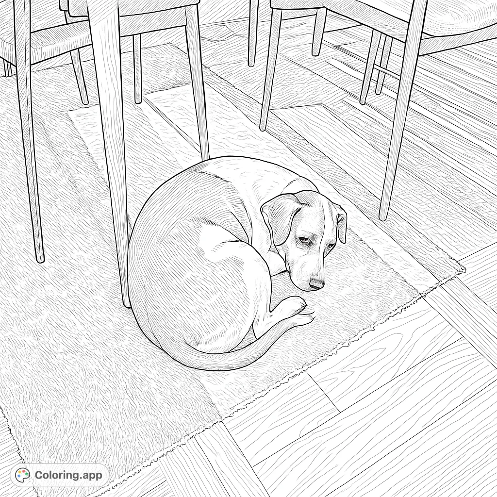 A peaceful dog rests curled on a textured rug under a table, surrounded by intricate shadow patterns. A comforting scene, perfect for relaxation.