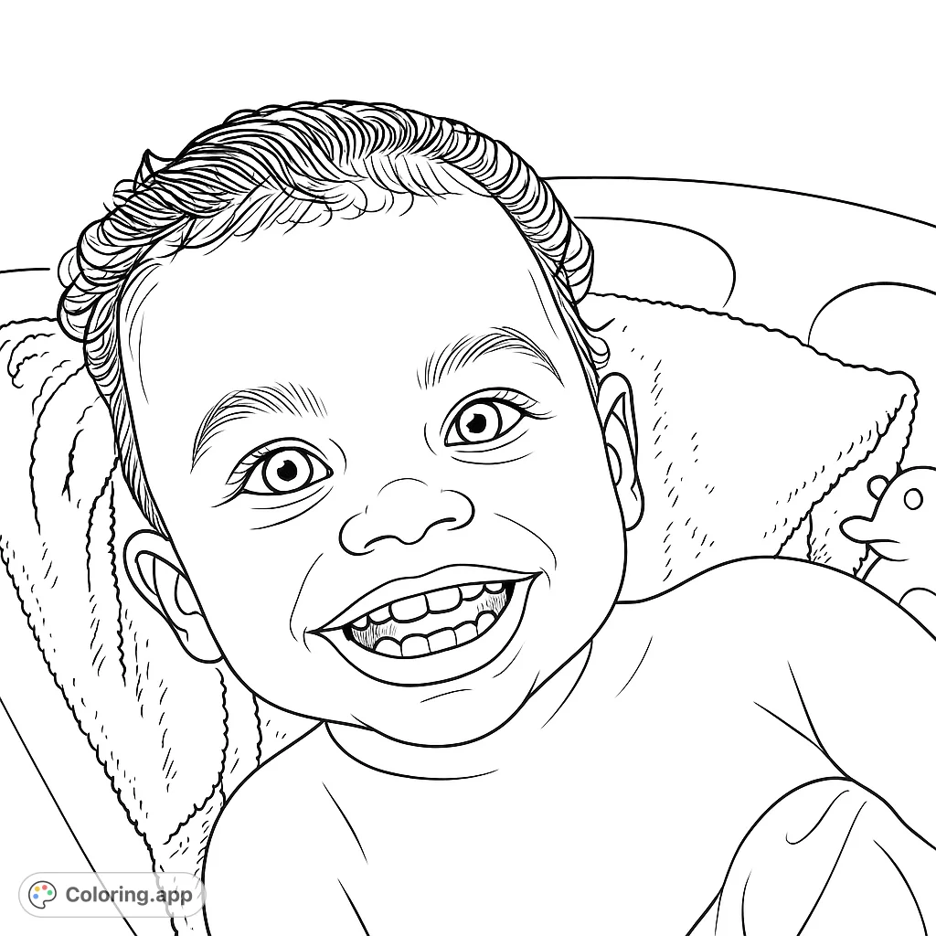 Capture the pure joy of a happy baby during bath time. This adorable coloring page features a smiling toddler with wet, curly hair.