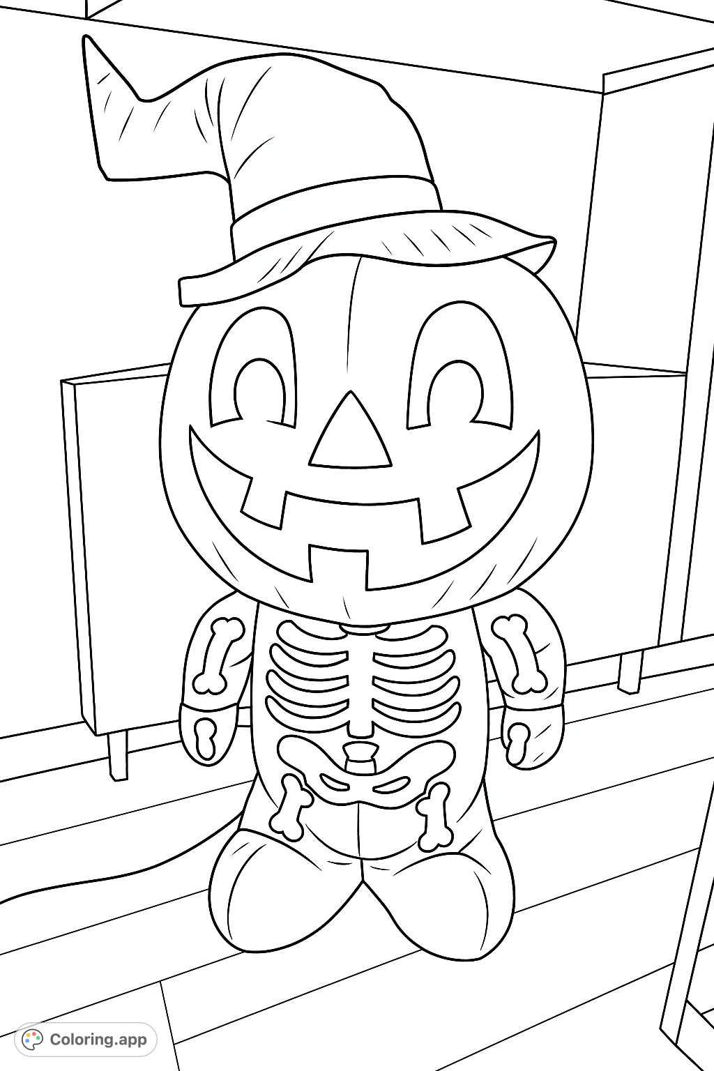 A fun Halloween character featuring a grinning pumpkin head wearing a witch's hat, atop a skeleton body. Perfect for festive coloring!