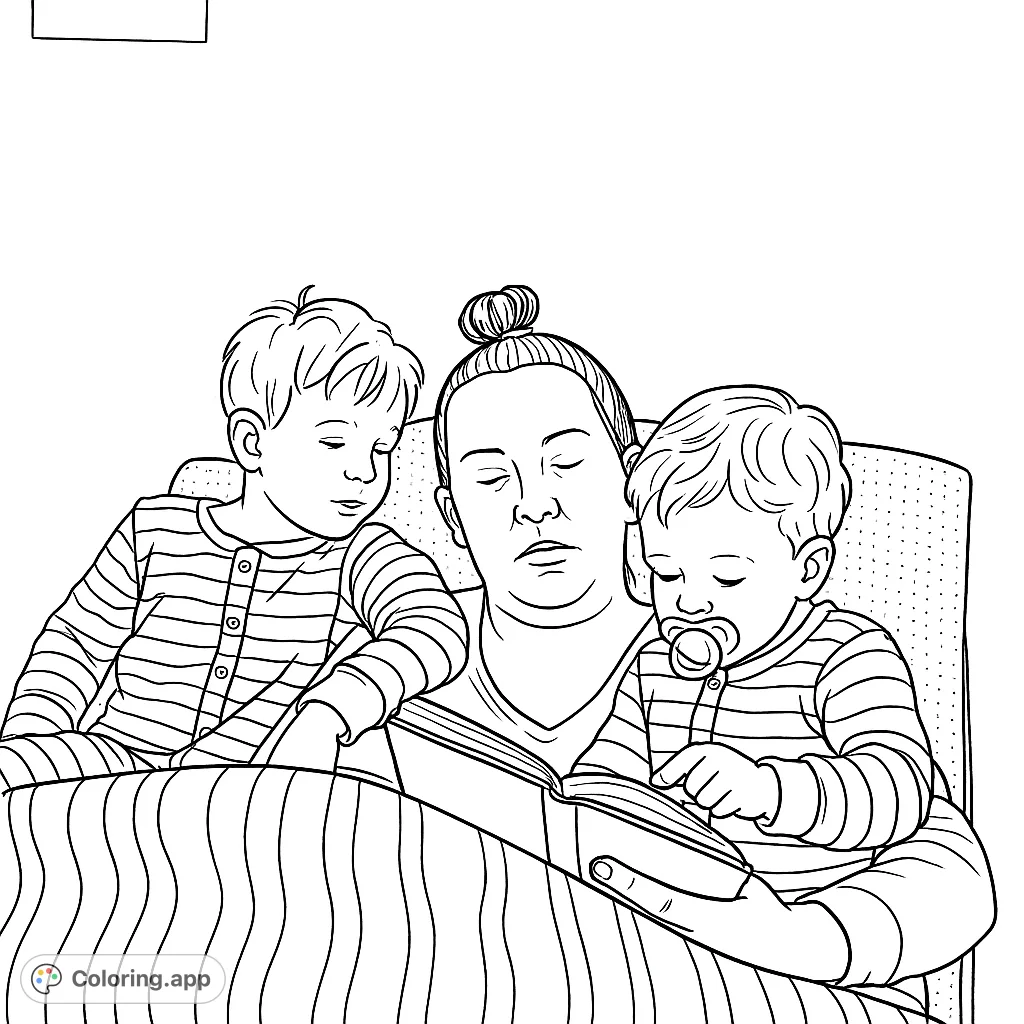 Capture a heartwarming family moment with a mother reading to her two children in striped pajamas under a cozy blanket. Perfect for quiet reflection.