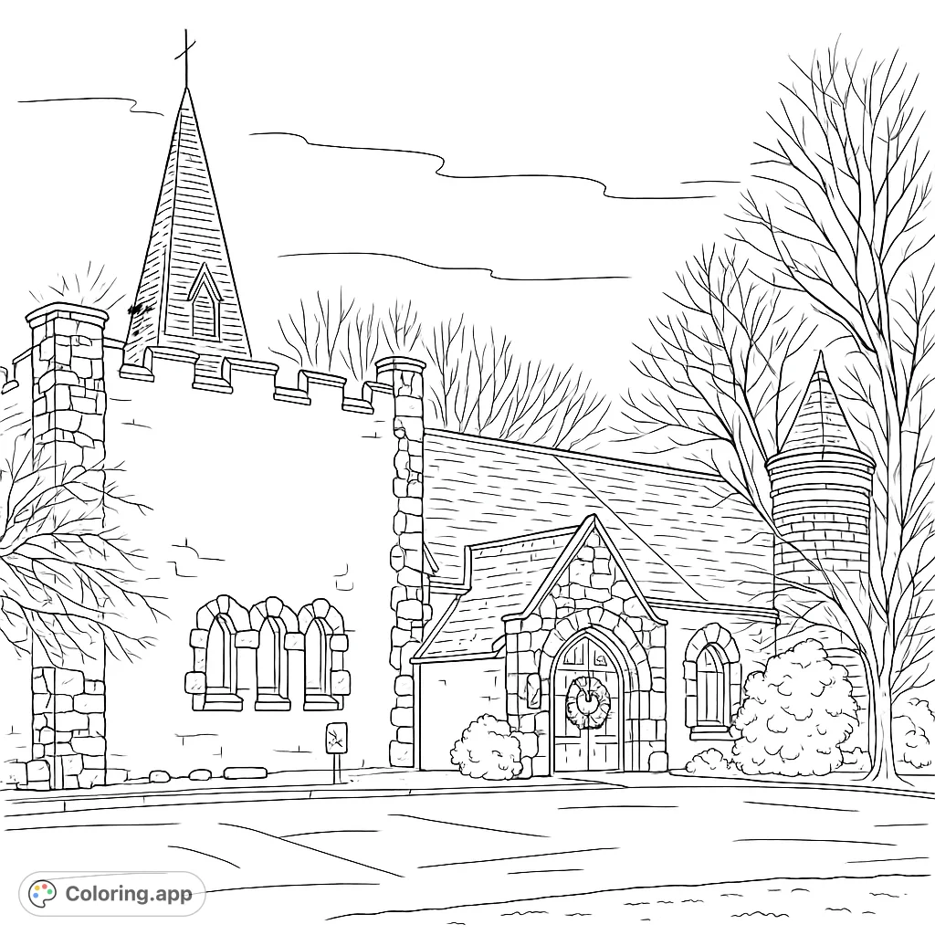 Color a charming historic church with a tall spire, stone facade, and intricate details. Perfect for architectural enthusiasts and mindful coloring.