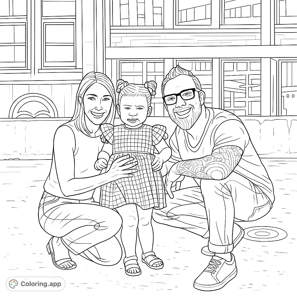 A heartwarming family portrait featuring a mother, father, and their child crouching in an urban setting. Perfect for family coloring page enthusiasts.