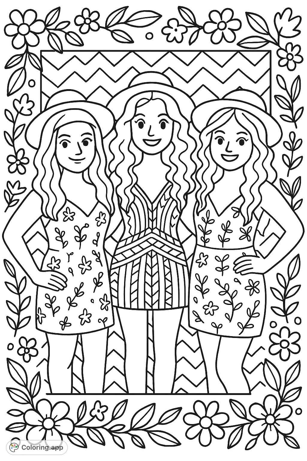 Three friends in dazzling dresses, ready for a fun event. A glamorous scene perfect for fashion enthusiasts to color and customize.