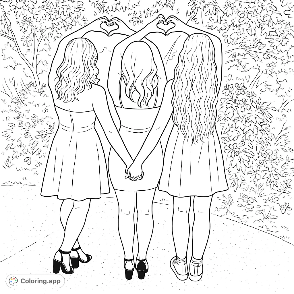 Three friends stand together, forming heart shapes with their arms and holding hands, celebrating friendship in a lovely garden setting. A heartwarming scene.