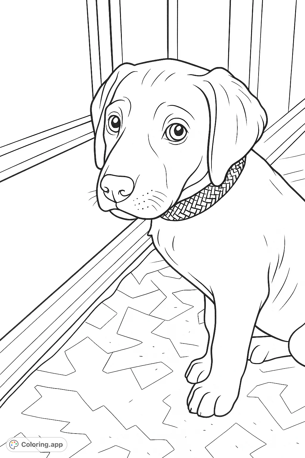 An adorable puppy with a patterned collar sits on a textured rug, gazing with expressive eyes. A charming free printable puppy coloring page.