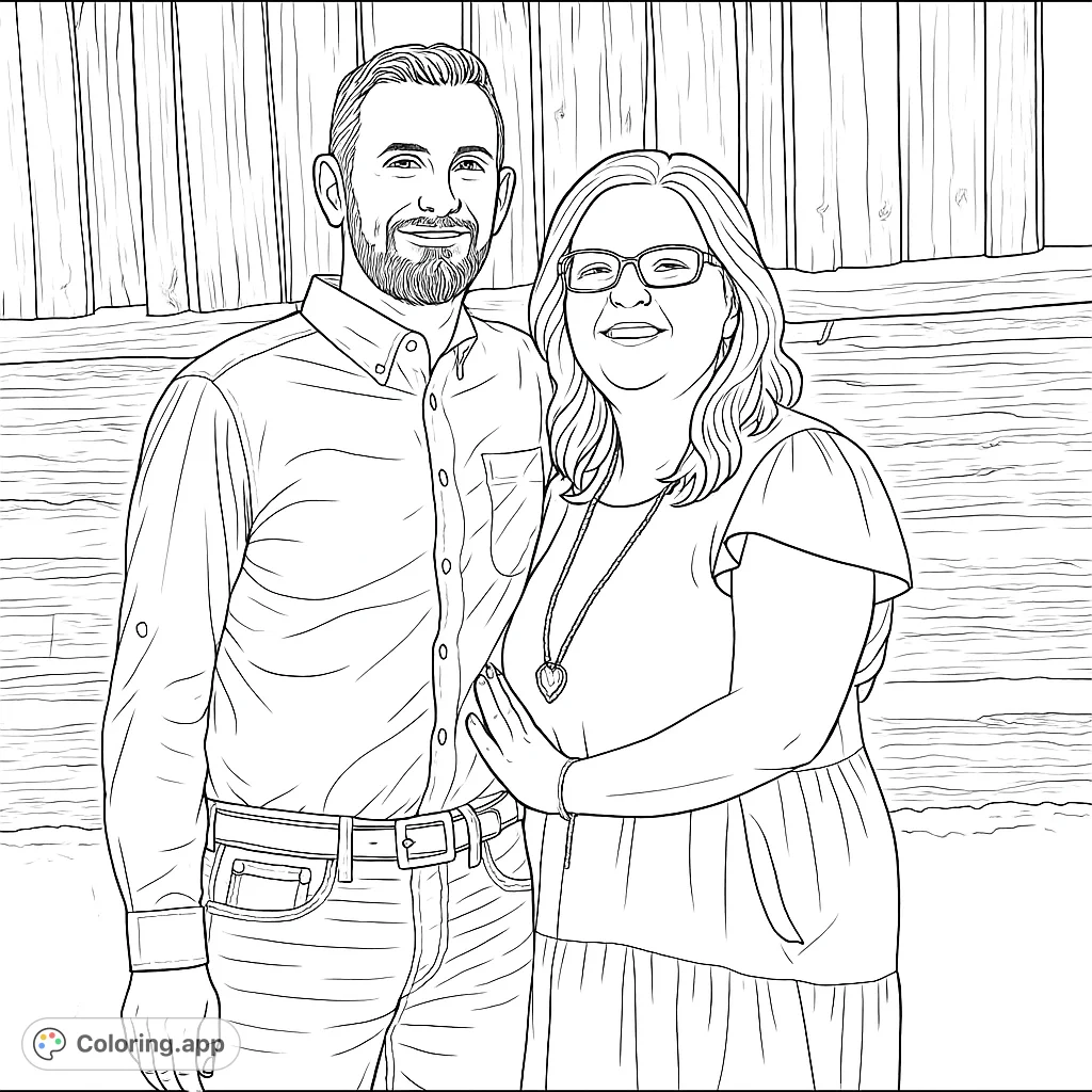 Capture the warmth of a smiling couple standing together against a rustic wooden backdrop. A heartwarming portrait perfect for personalizing with your favorite hues.