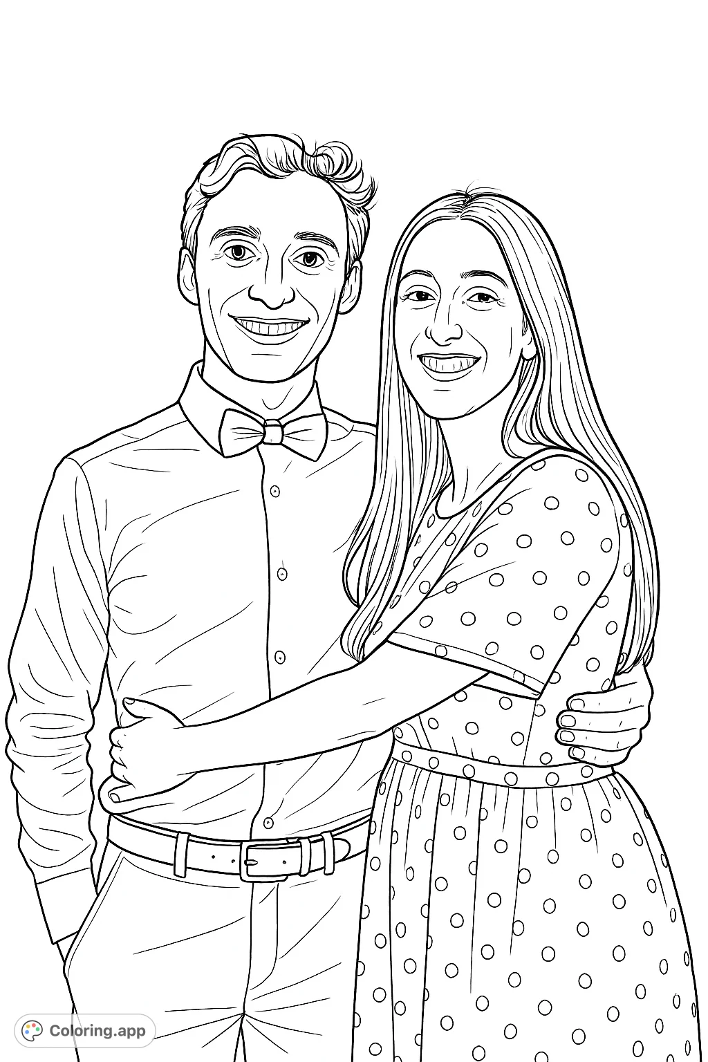 Capture the joy of a smiling couple. Personalize their outfits and expressions in this delightful portrait coloring page.
