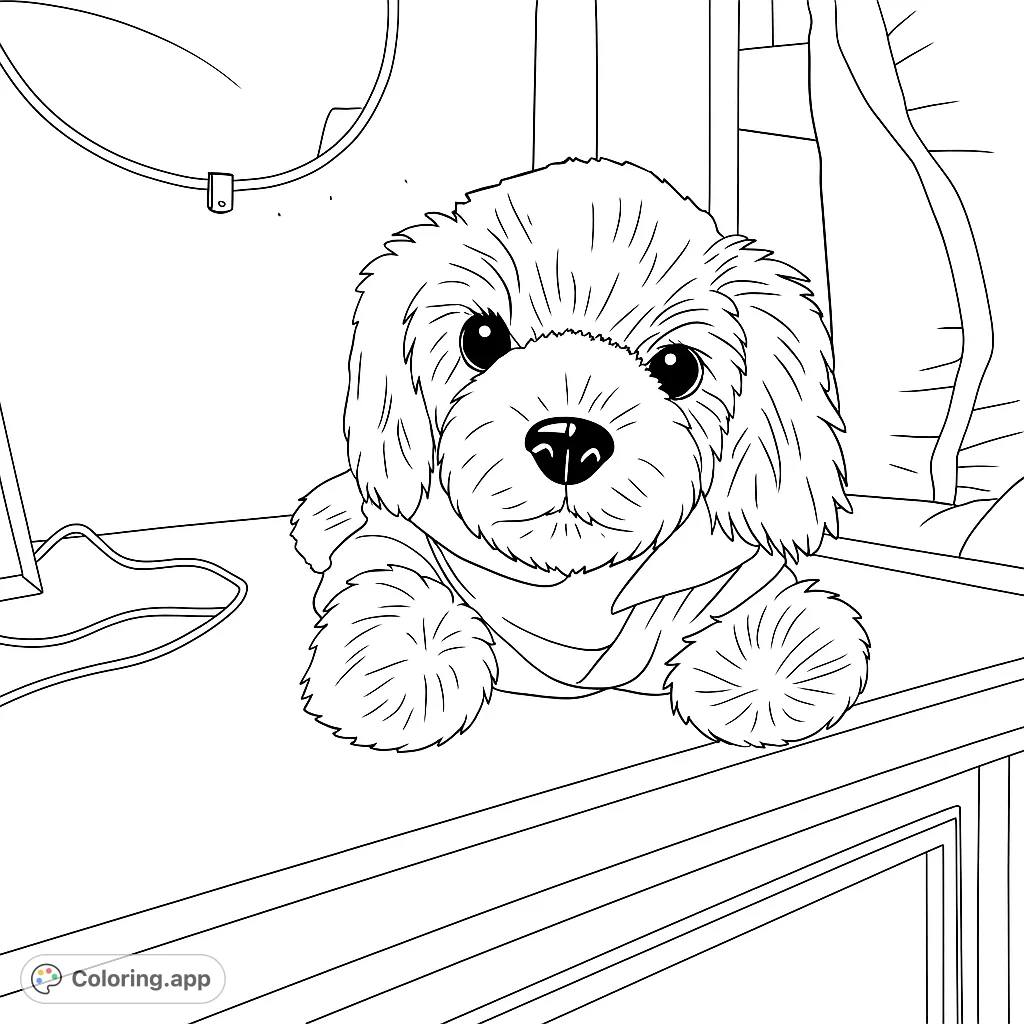 A charming fluffy stuffed dog rests on a surface, ready for a creative splash of color. Perfect for animal lovers and a cozy coloring experience.