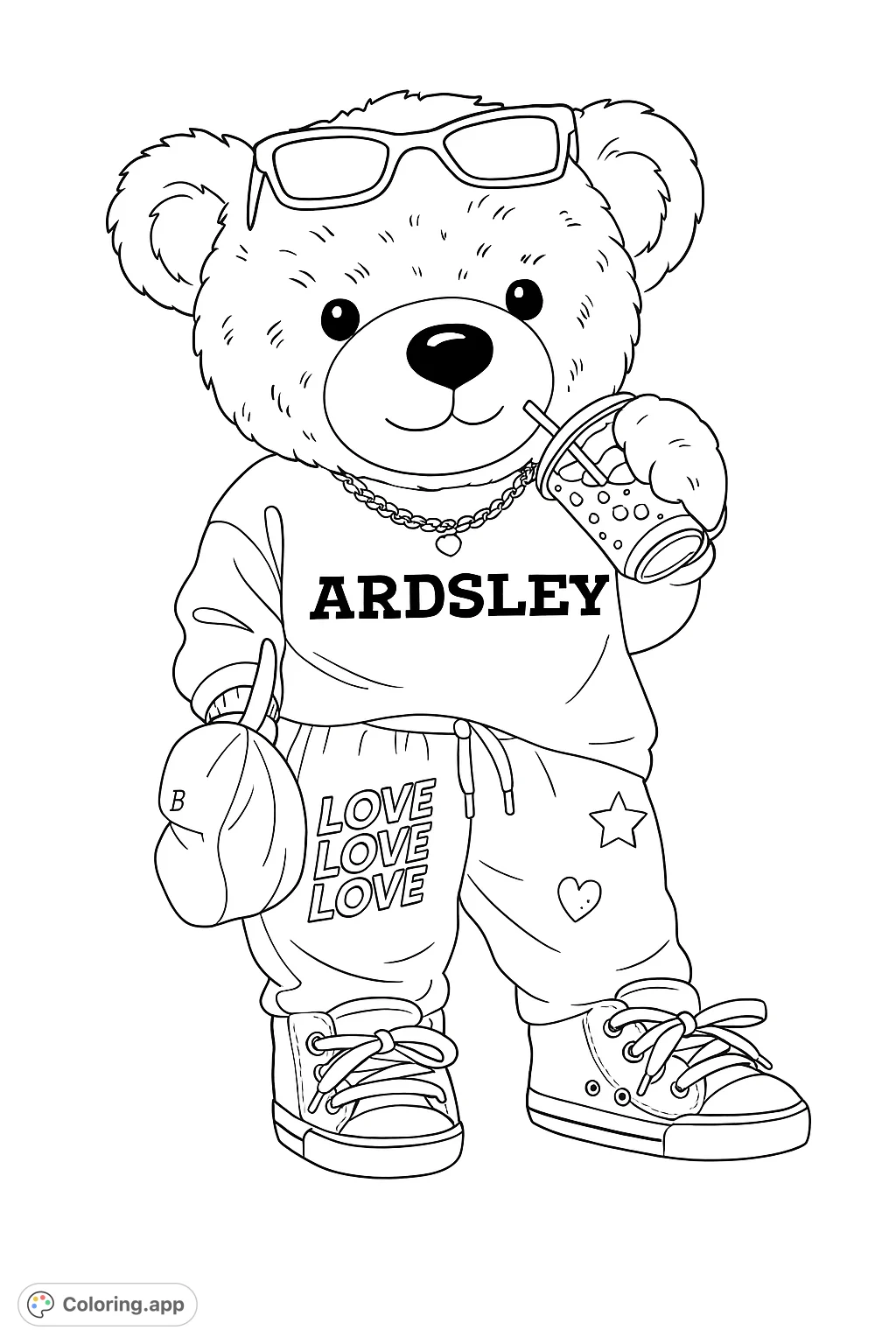 A cool teddy bear character in a tracksuit, sunglasses, and sneakers, holding a refreshing drink. Perfect for trendy coloring fun!