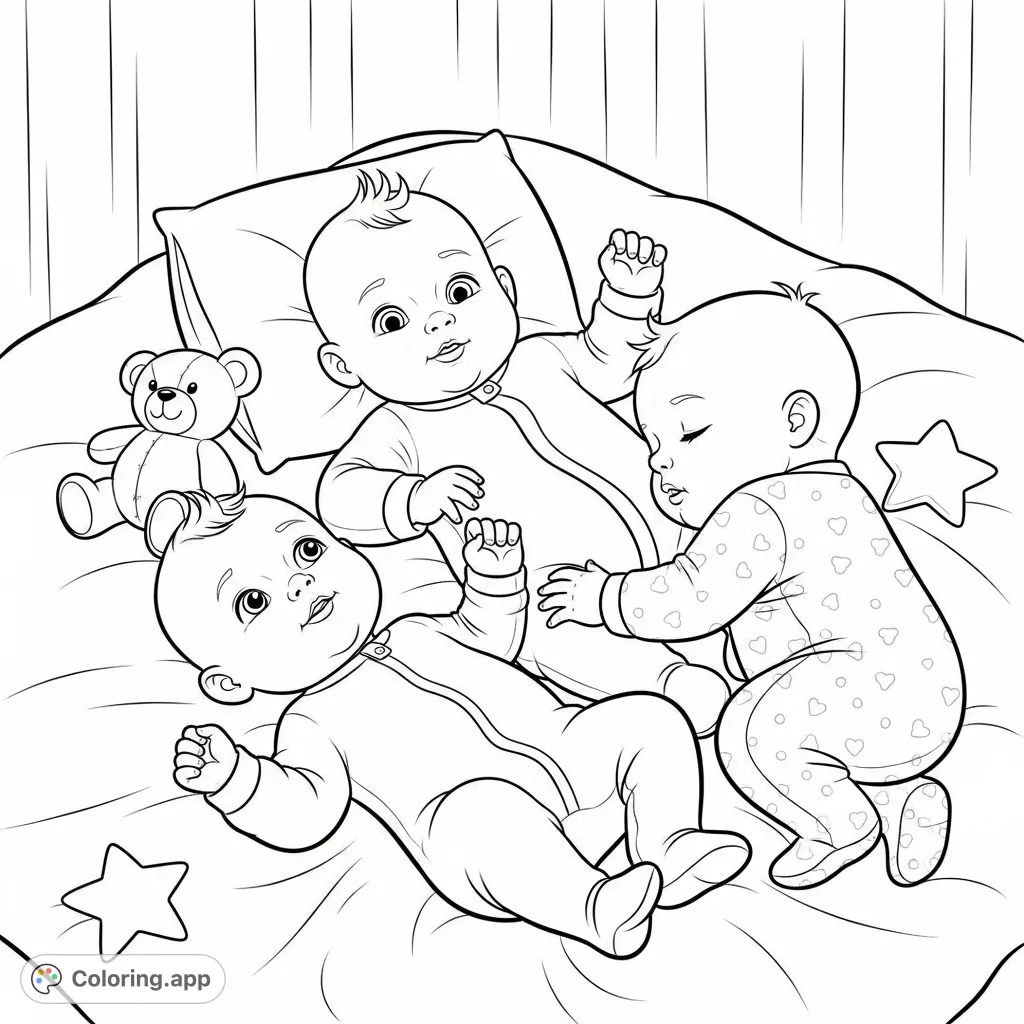 Discover an adorable triplet babies coloring page featuring three infants nestled together with soft toys, perfect for a heartwarming coloring experience.