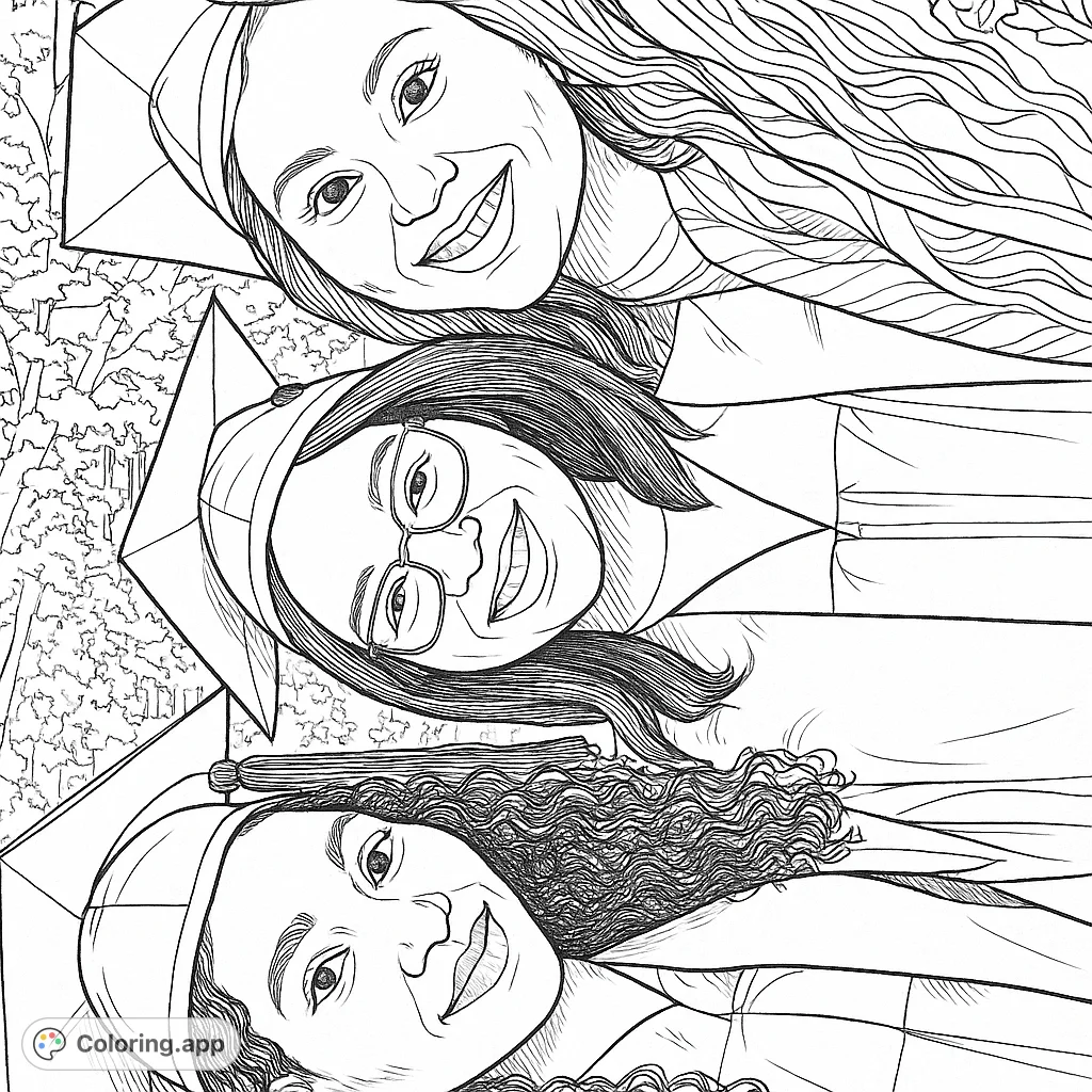 Celebrate achievement with this graduation coloring page featuring three joyful graduates in caps and gowns, ready for their next adventure.