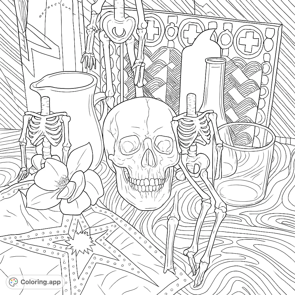 Explore a unique anatomical still life featuring a central skull, skeletal figures, laboratory glassware, and a large flower, all amidst a vibrant mix of patterned fabrics.