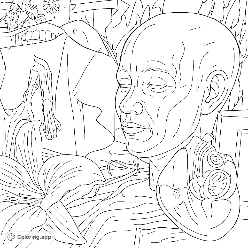 Explore a unique anatomical still life coloring page featuring a head form, heart model, and floral elements. A fascinating blend of science and art for creative minds.