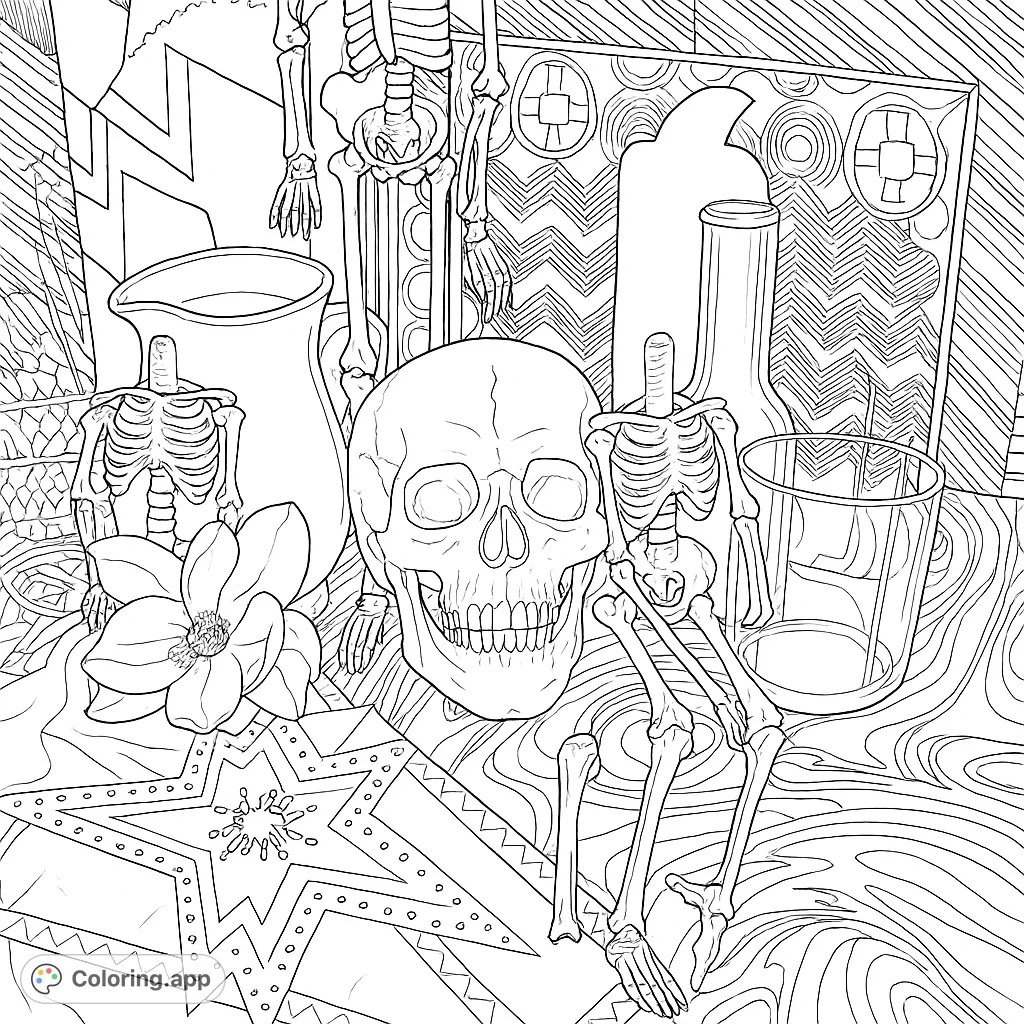 Explore a unique anatomical still life featuring a central skull, skeletal figures, laboratory glassware, and a large flower, all amidst a vibrant mix of patterned fabrics.