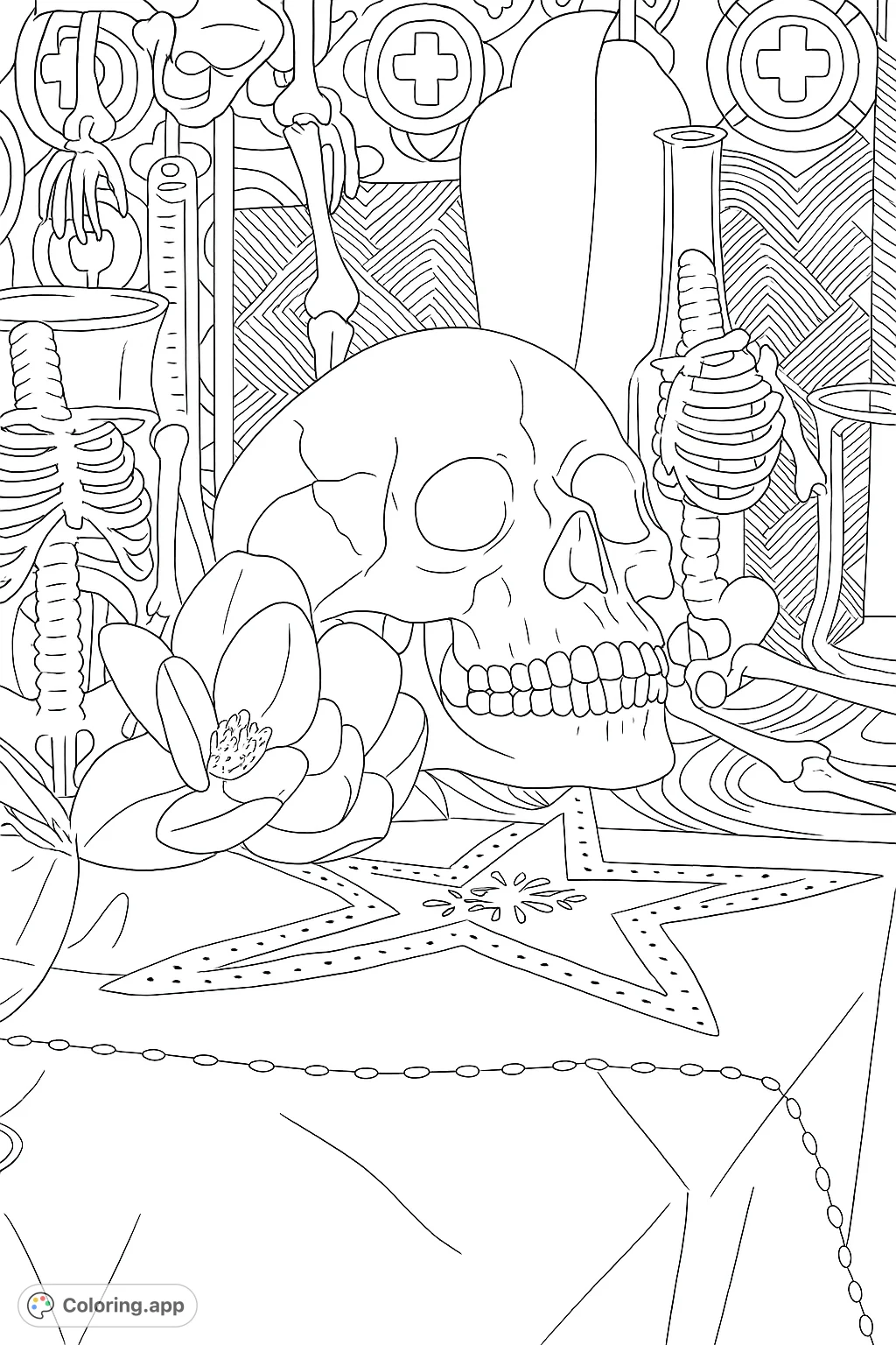 An intriguing still life featuring a prominent skull, skeletal elements, a delicate flower, and patterned backdrops, perfect for detailed coloring.