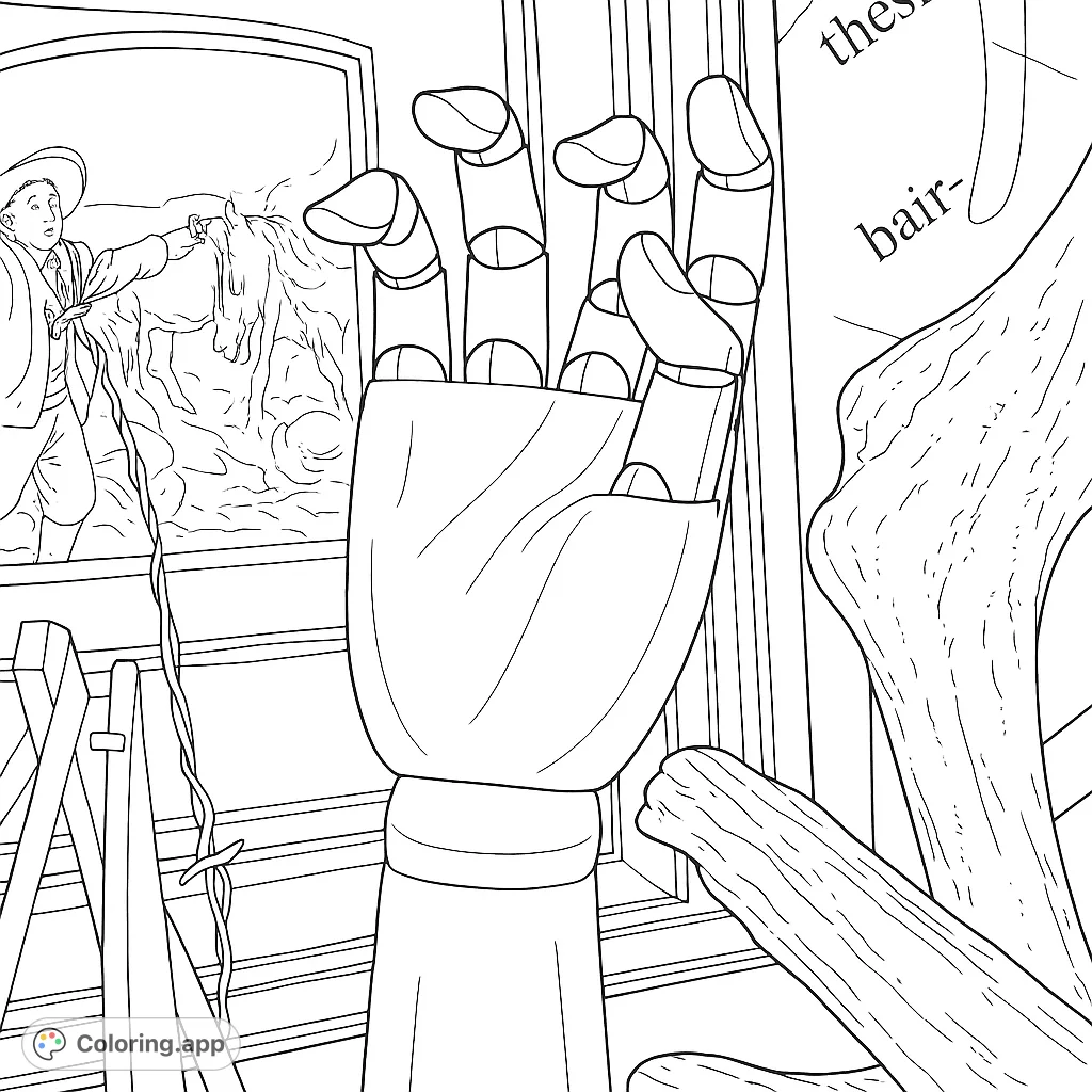 Explore a unique still life featuring an articulated wooden hand, framed art, and various artistic elements. A detailed coloring page for creative minds.