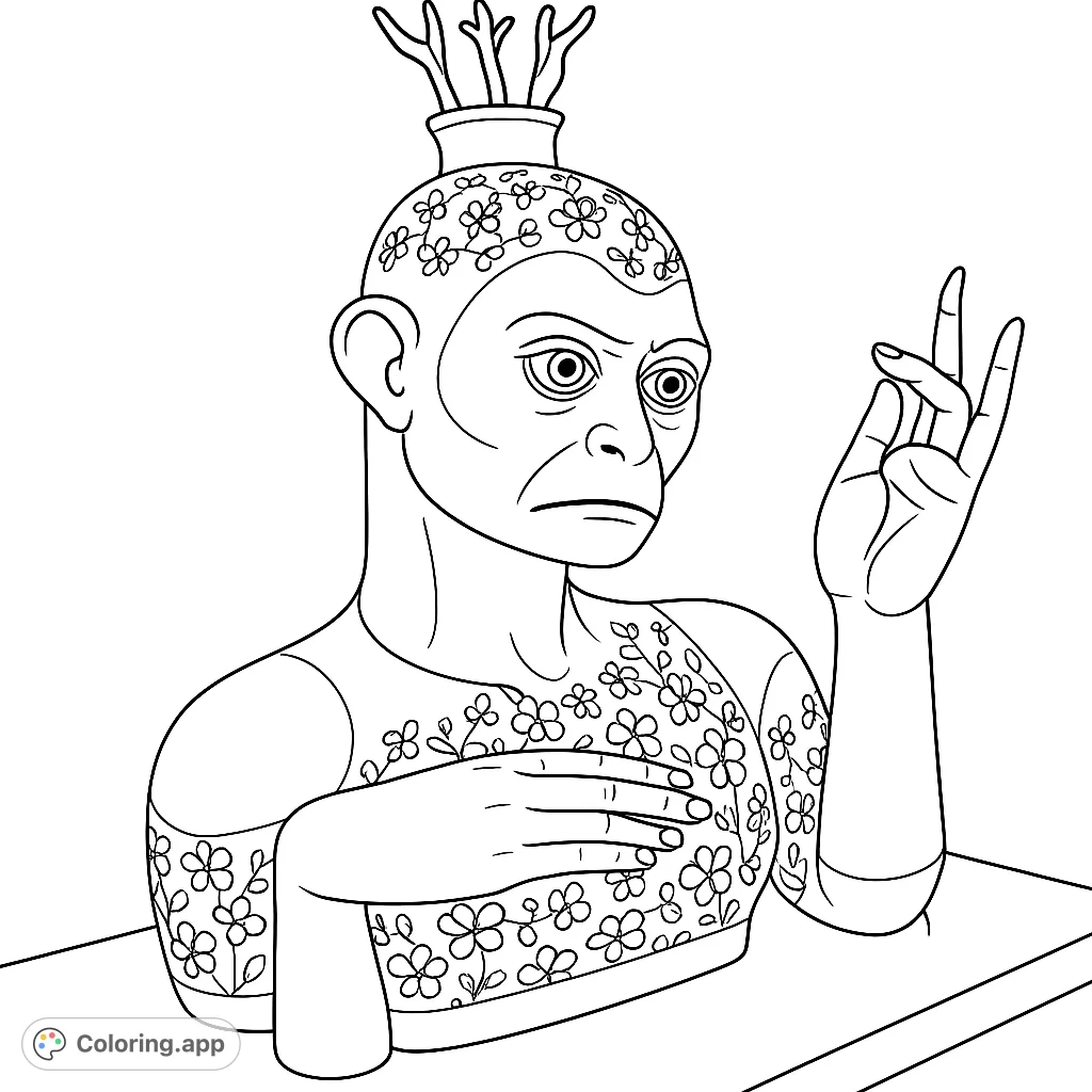 A unique monkey-like bust adorned with intricate floral patterns and a crown, posed in a thoughtful gesture. Perfect for detailed coloring.