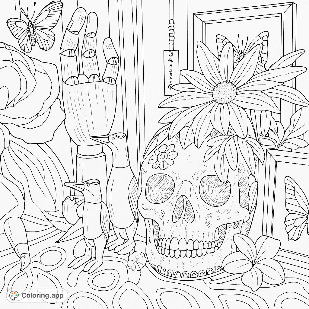 Explore a unique still life featuring a decorative skull, articulated hand, and framed butterflies. A captivating scene for creative coloring.