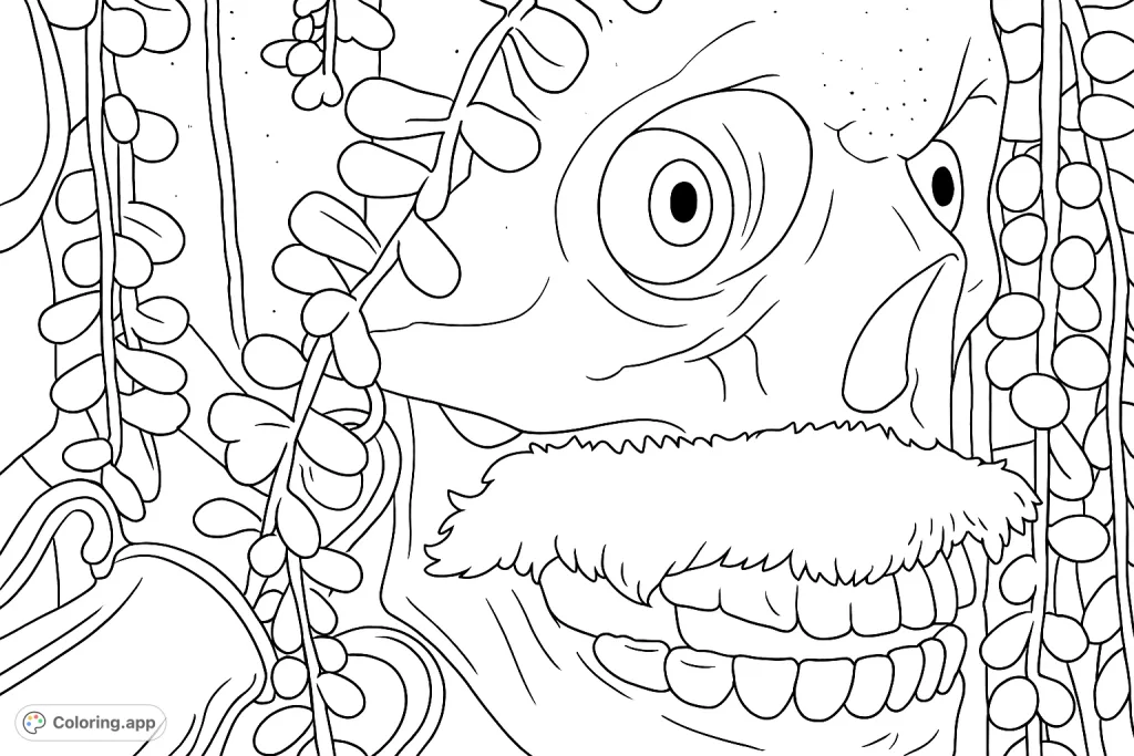 A detailed skull adorned with flowing vines and decorative elements, perfect for a spooky or festive coloring experience.