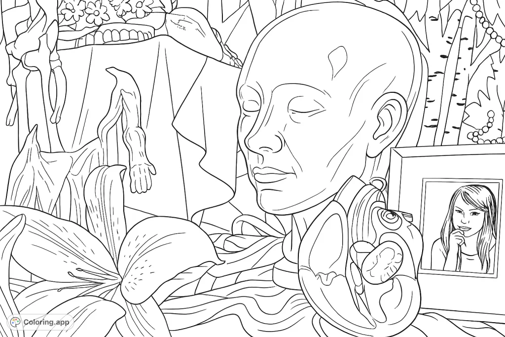 Explore a unique still life featuring anatomical models, a lily, and various curiosities. A detailed coloring page for creative minds.